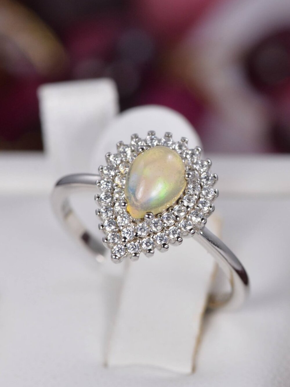 Double Halo Pear Natural Ethopian Opal Ring Sterling Silver